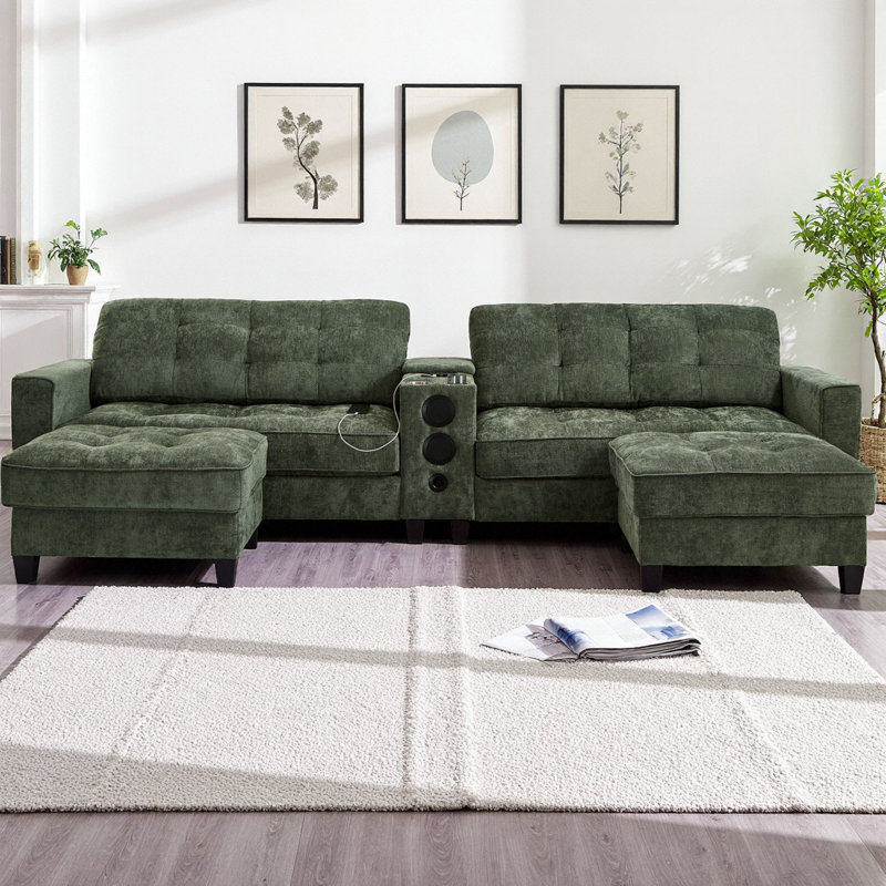 Canapé modulaire en forme de U de 126 po avec haut-parleurs Bluetooth, lumières DEL et console de rangement, canapé modulaire en chenille avec 2 repose-pieds de rangement mobiles, canapé de salon multifonctionnel