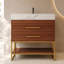 Meuble-lavabo simple autoportant en noyer de 76 cm (30 po) avec lavabo en céramique, comptoir en pierre frittée veinée blanche et tablette ouverte