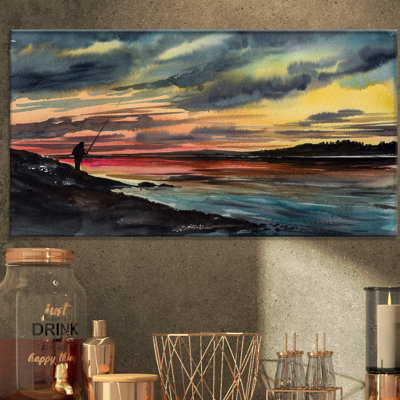 «Paysages, homme de pêche sur un ciel coucher de soleil», reproduction d'art
