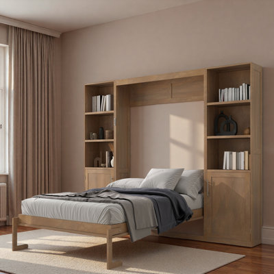 Lit escamotable en bois avec tablettes et armoires de rangement
