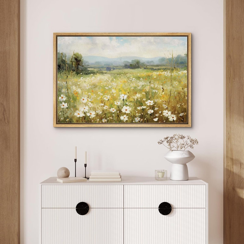 «Vibrant Wildflower White Daisy Flowers Meadow», impression sur toile, Reproduction avec cadre flottant, H 24 po x l 36 po