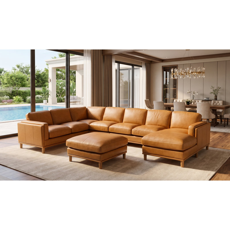Jaxton Upholstered U-Shaped Sectional, Ginger Leather Match, 34" H x 148" W x 96" D