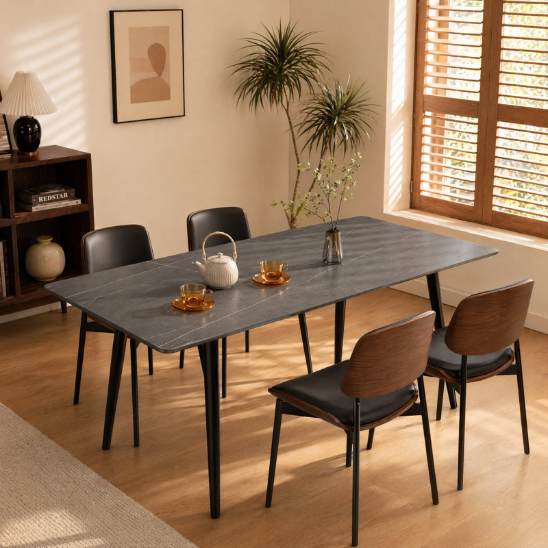 Sintered Stone Dining Table, Modern Marble Look Kitchen Table for 6-8 People, Large Dinner Table with Heavy-Duty Black Metal Legs, Scratch & Heat Resistant for Dining Room(Without Chairs)
