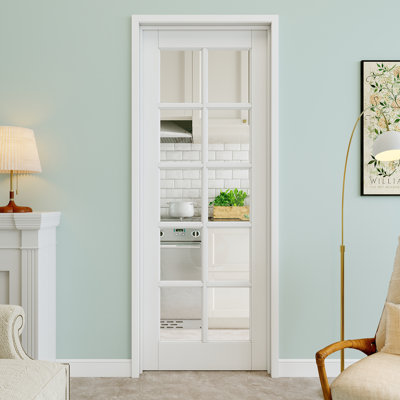28" x 96" 10-Lite Clear Glass Interior Prehung Door with Silver Hinges, Clear Glass Door Slab, Paintable & Waterproof, Suit for Laundry, Closet Doors, Room Doors, Left Hand