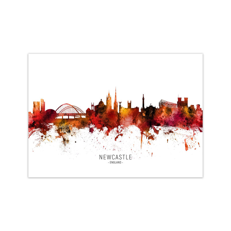 Newcastle England Skyline Red City Name by Michael Tompsett - Print, 60cm H x 84cm W x 1cm D, Unframed