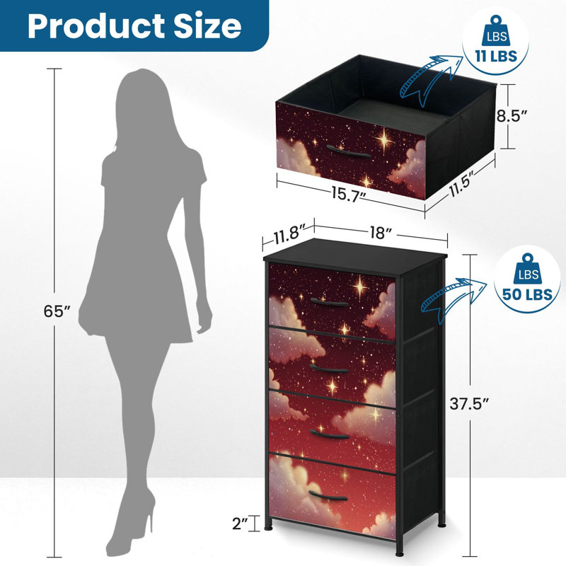 4 Drawer Dresser for Bedroom, Narrow Chest of Drawers, Wooden Top and Study Iron Frame 18"x37.5"-(WxH)