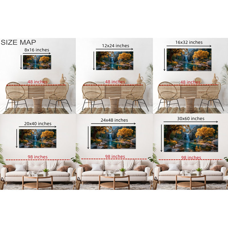Autumn Waterfall Wall Art - Fall Landscape Pictures Wall Decor, Vintage Fall Forest Scenery Canvas Wall Art Paintings for Living Room, Natural Pine Frame Wrapped Canvas Prints, 12×24 inches