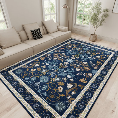 Living Room Rug 5x7 ft Dark Blue Area Rug Machine Washable Rug, Non Slip Vintage Rug Stain Resistant Indoor Large Carpet for Bedroom, Distressed Retro Floor Rug for Classroom, Dorm, Dining Room