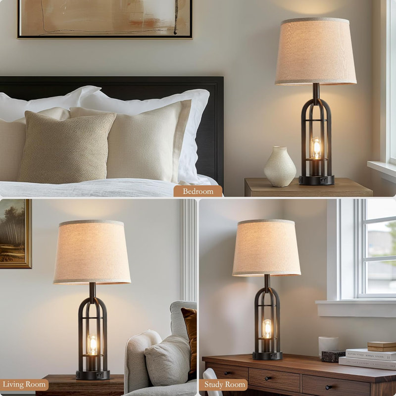 Black Metal Farmhouse Table Lamps Set with Linen Shades and USB Ports