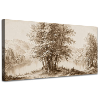 Toile d'art rétro forêt rétro, décoration murale rustique d'inspiration naturelle sépia pour le salon ou la chambre à coucher, galerie d'art paysage tranquille enveloppée, prête à être suspendue, 16 x 32 pouces