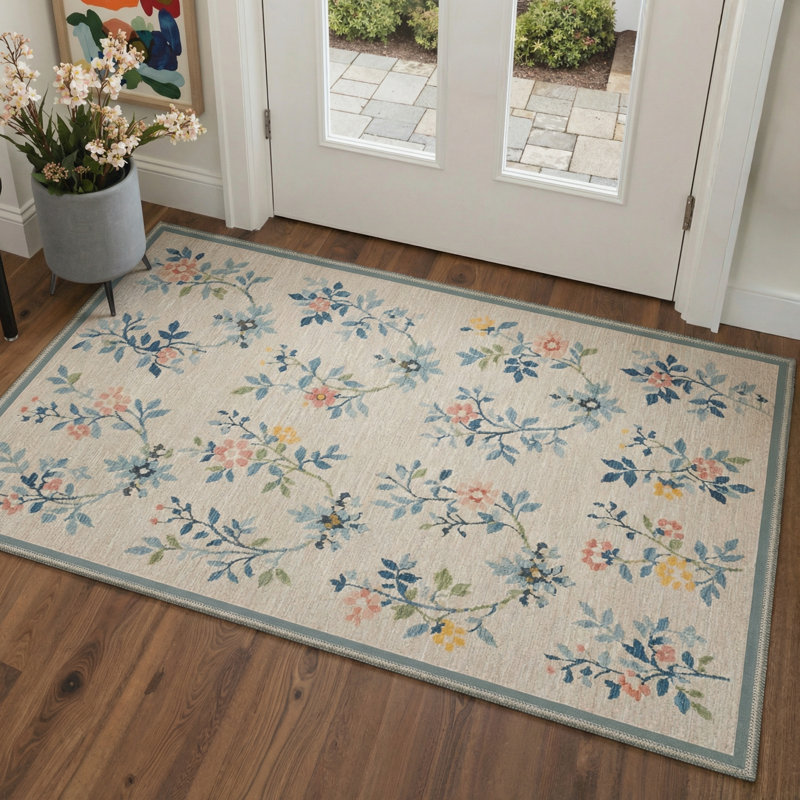 Verdura Floral Machine Washable Beige / Green / Blue Indoor Area Rug with Non-Slip Backing, Rectangle 5' x 7'