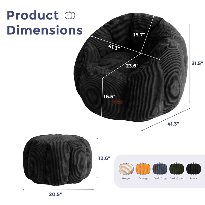Giant Corduroy Bean Bag Chair With Ottoman Pumpkin-shaped Bean Bag Sofa With Footstool, Black