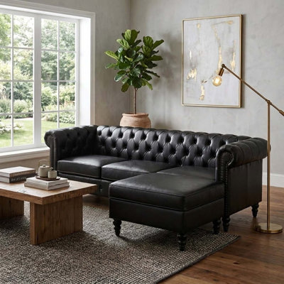 Modern LShaped Sectional Sofa with Storage Ottoman and Rivet Armrests