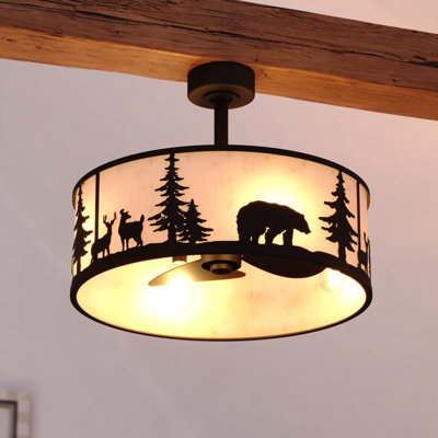 Forough 20-In W Bronze Rustic Wildlife Drum Ceiling Fandelier With Light Kit And Remote