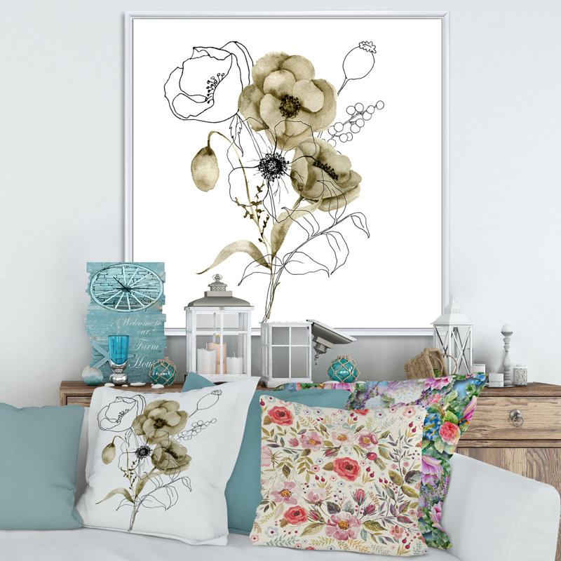 Anémone Bouquet de fleurs avec des branches d'eucalyptus - Peinture sur toile, H 16 po x l 16 po x P 1 po
