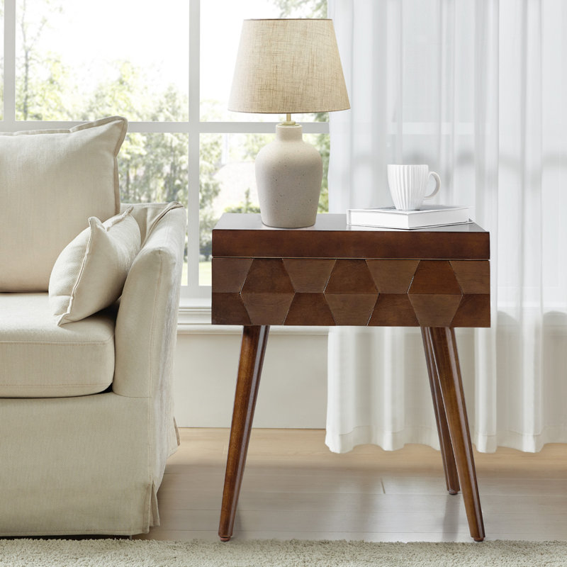 Iasiah Mid-Century Modern 23.75" Tall With Pull-Out Shelf and Built-in Charging Station, Walnut