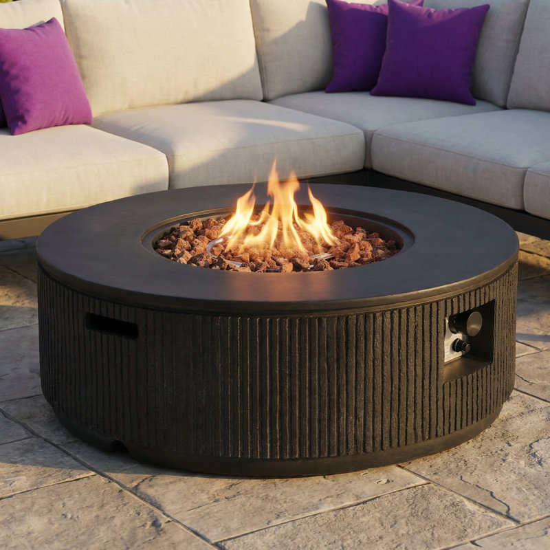 Round Propane Fire Pit Table with Vertical Stripe Design, 50000 BTU Concrete Fire Pit for Outdoor, 38.19''(Black)