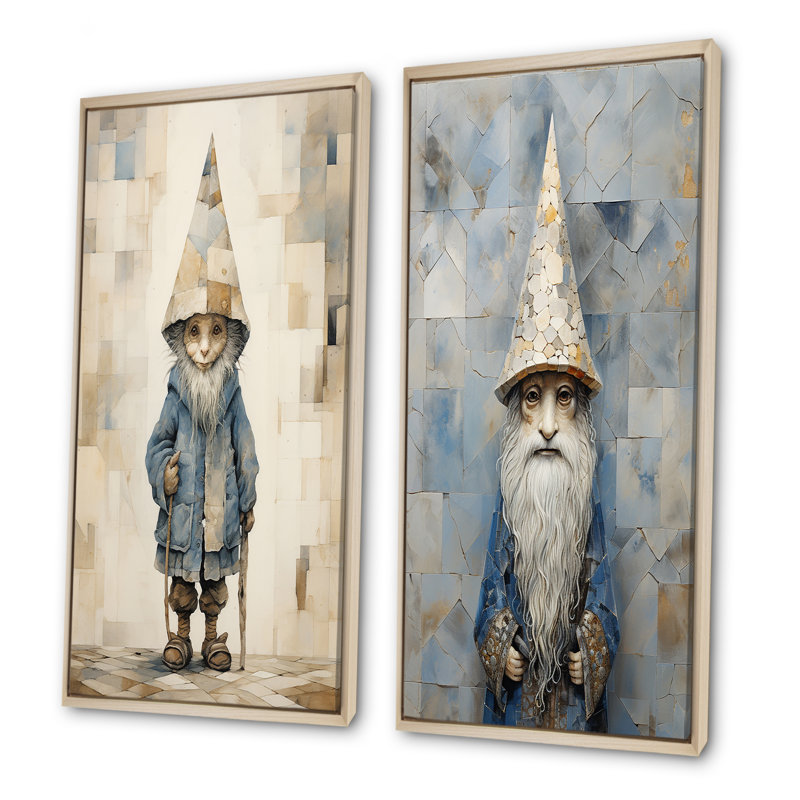 Fantaisie, portrait de gnome beige et bleu - ensemble de 2 impressions sur toile gnome, Encadrement brun, H 32 po x l 33 po
