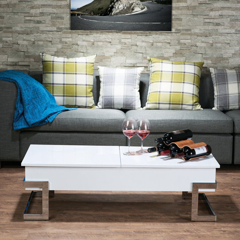 Table basse blanche à plateau relevable ultrabrillant pour une décoration moderne avec des détails