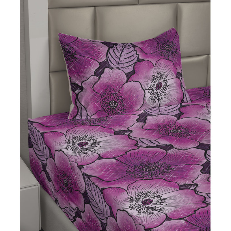 Ambesonne Watercolor Botany Sheet Set 4 Pcs Retro Boho Bloom, Pale Fuchsia/Soft Pink Floral