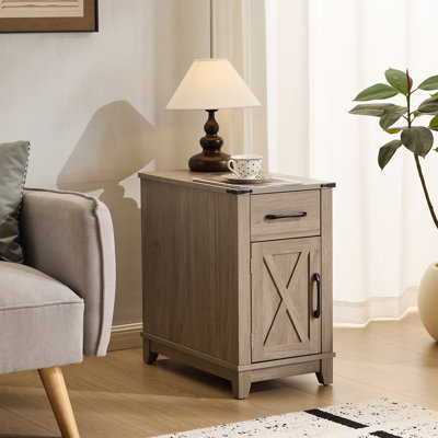  Table de bout Farmhouse avec station de charge - Table d'appoint étroite et table de chevet avec tiroir, armoire de rangement et tablette réglable, gris
