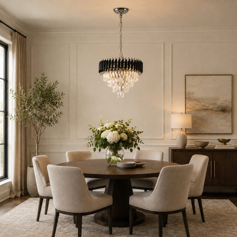 Lustre moderne en cristal noir et chrome 8 lumières