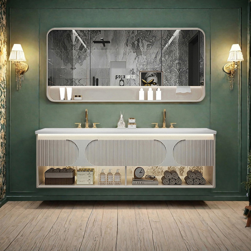 Armoire de salle de bain moderne moderne de style crème, H 19,68 po x l 66,92 po x P 19,68 po