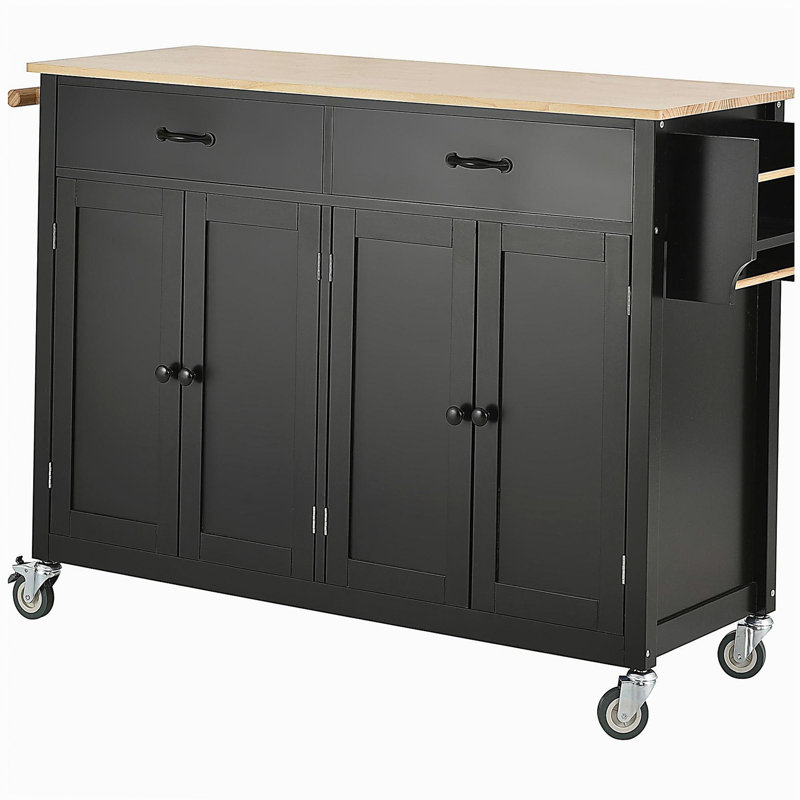 Chariot pour îlot de cuisine avec plateau en bois massif et roulettes verrouillables, armoire de 4 portes et 2 tiroirs de 54,3 po de largeur, étagère à épices, porte-serviettes (blanc)