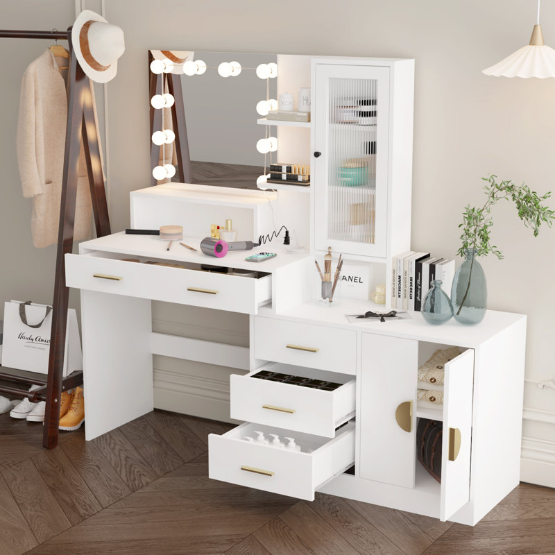 Makeup Vanity with Lights, USB & Power Outlet and Drawer Cabinet, White