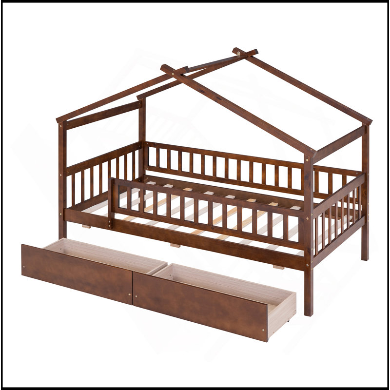Lit en bois avec deux tiroirs, Walnut