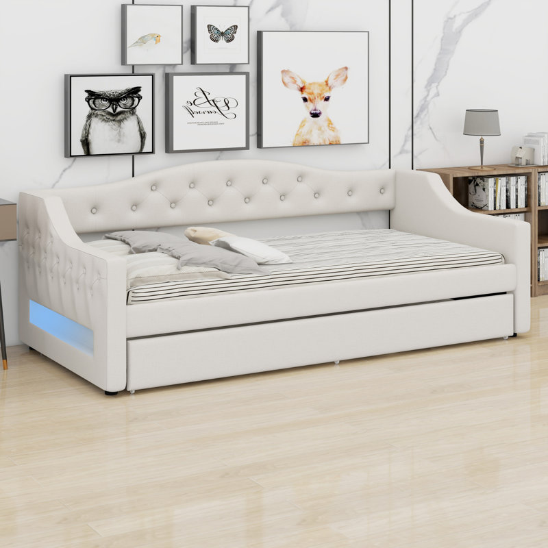 Upholstered Daybed With LED Belt And Trundle, Beige