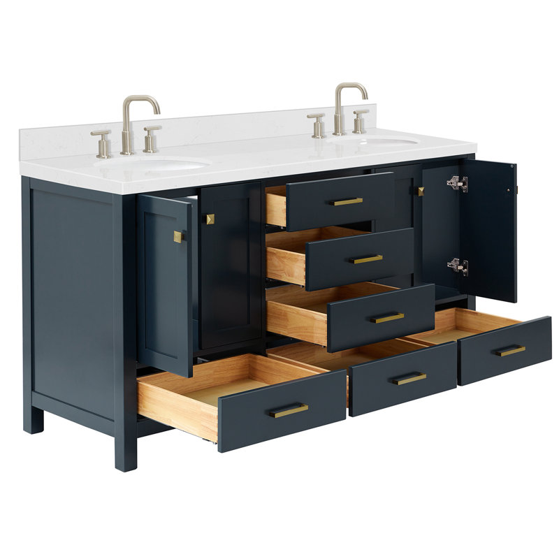 Meuble-lavabo double avec plateau 66,25 po , Bleu minuit / laiton satiné