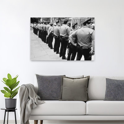 Black And White Photograph Of Group Of Police Officers Standing On Street Side By Side, New York City, Usa Contemporary City Architecture Wall Art
