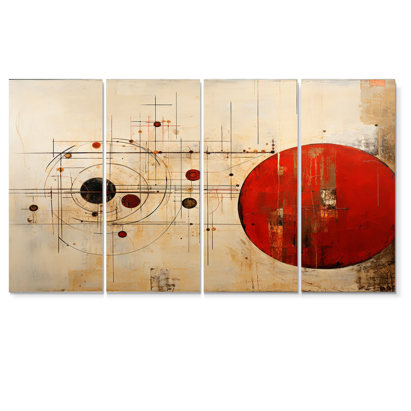 Lune rouge mercure rétrograde - art mural abstrait paysage 4 pièces, H 28 po x l 48 po