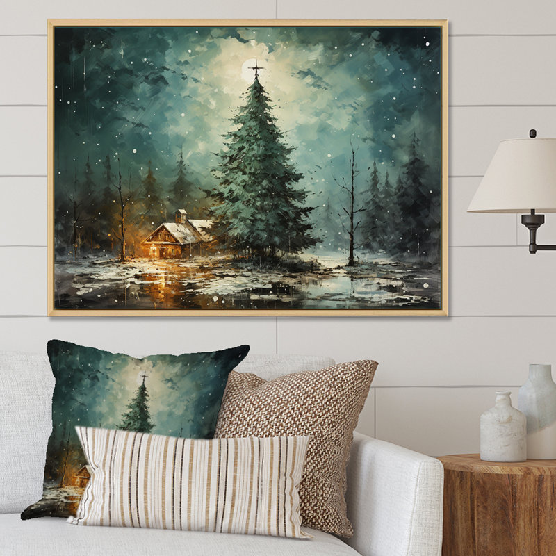 Minimalisme, arbre de Noël forêt I - pin, art mural pour salon, Cadre flottant blanc, H 34 po x l 44 po x P 1,5 po