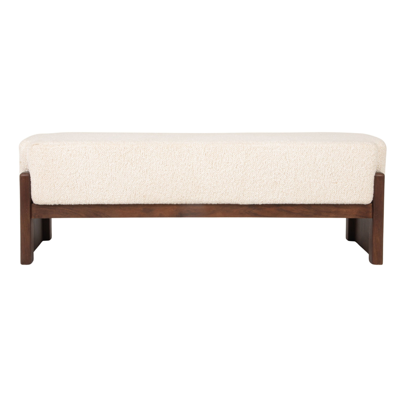 Bouclé Upholstered Mango Wood Bench With Recessed Cushion And Slat-Style Legs