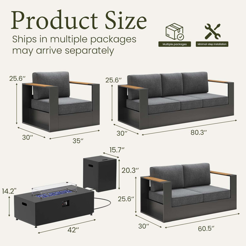 Outdoor Oversized Aluminum  Conversation Set With Firepit Table And 6-inch Cushion, Dark Grey