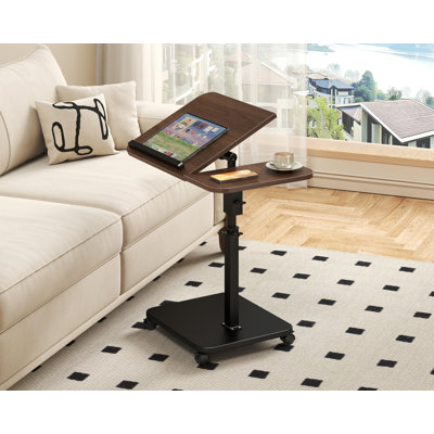 58 x 30 x 80 cm C-Shaped Sofa Side Table with Flip-Top and Adjustable Height, Iron Frame and Engineered Wood Laptop Table on 360-Degree Swivel Castors for Living Room and Bedroom, Light Wood