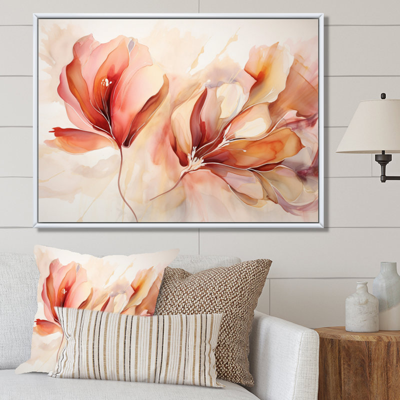«Peach Petal Dance - Abstract Botanicals», art mural, H 30 po x l 40 po x P 1,5 po, Cadre flottant blanc