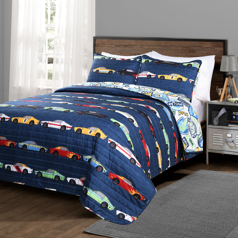 Ensemble de courtepointe réversible Race Cars, Bleu marine, Courtepointe double / grand et 2 taies décorative