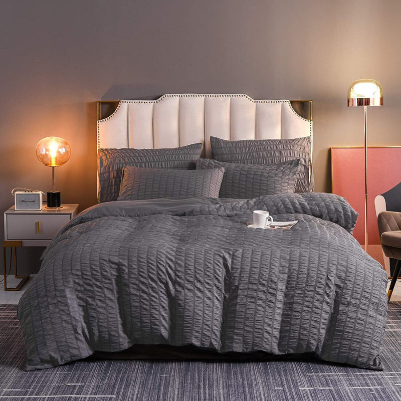 Seersucker Duvet Cover Set with Pillowcases, Dark Grey, Single