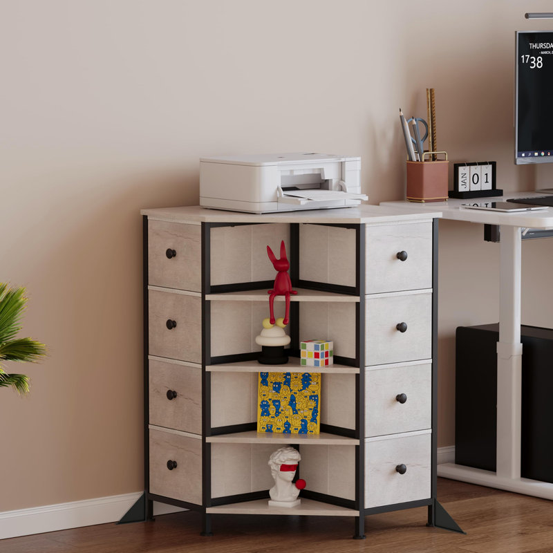Commode de coin à 8 tiroirs et 4 étagères, meuble de rangement gain de place pour chambre, commode en tissu avec plateau en bois, tour de rangement pour vêtements pour chambre, dressing, salon