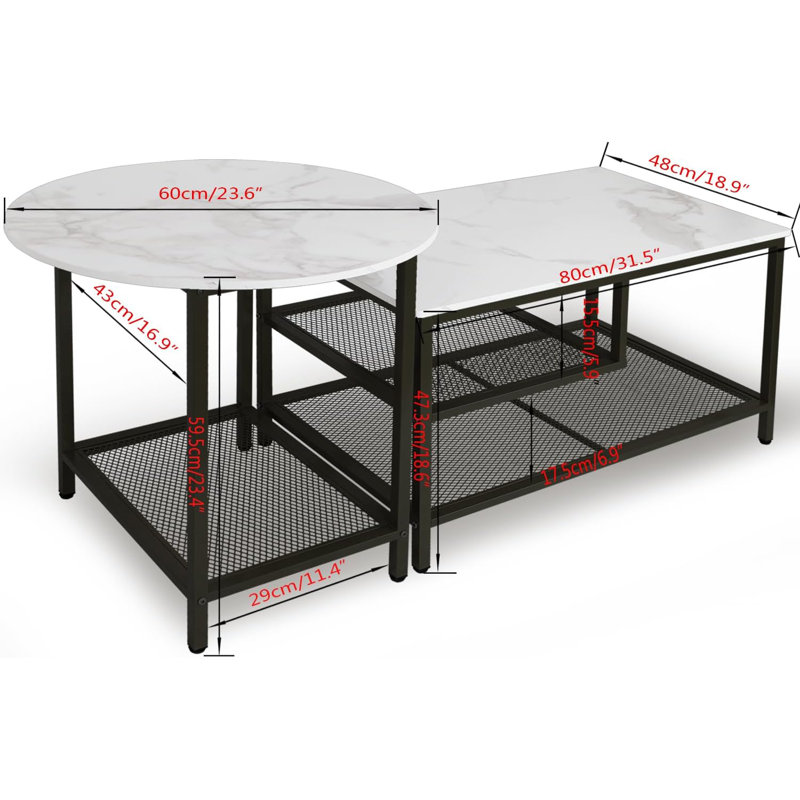Nesting Table Set Of 2, Modern Round End Table & Rectangular Coffee Tables For Living Room Apartment, Black