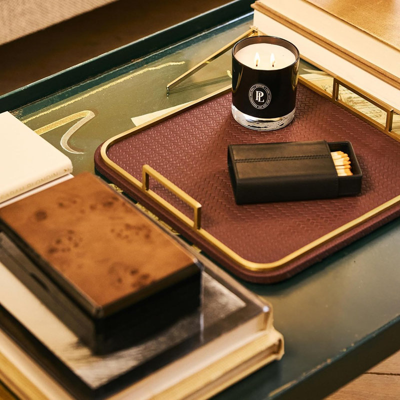 Vegan Leather Decorative Tray With Woven Texture And Brushed Brass Handles, Serving Tray For Dresser, Coffee Table, And Home Decor