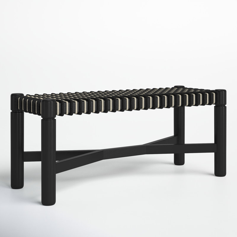 Black and Beige Handwoven Cord Seat Oak Bench