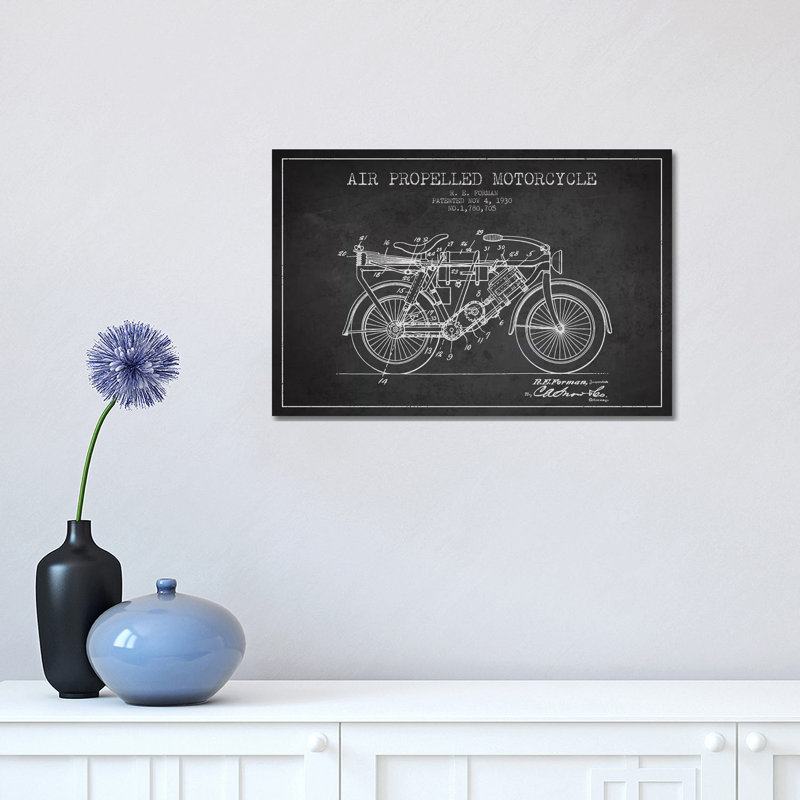 R.E. Forman Air-Propelled Motorcycle Patent Sketch (Charcoal) by Aged Pixel - Wrapped Canvas Print, 30.48 cm H x 45.72 cm W
