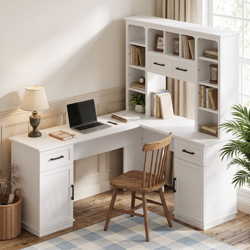 Bureau d'ordinateur en L avec armoire de rangement et prise de courant, Blanc