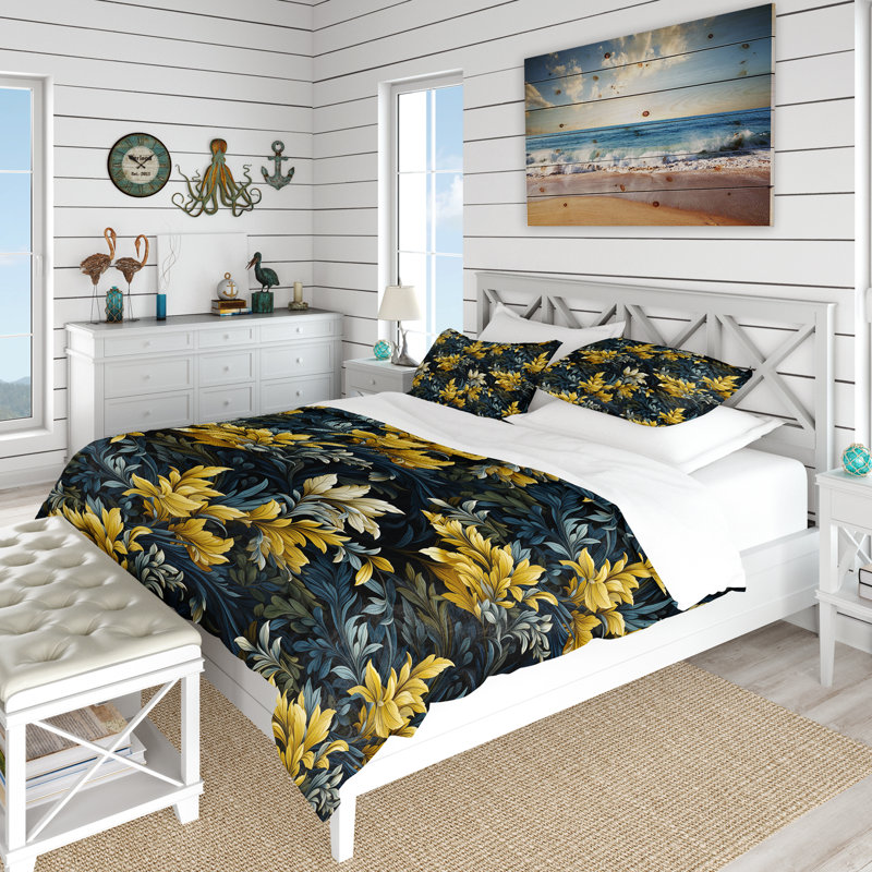 Motif de plantes tropicales jaunes et noires - Ensemble de housse de couette tropical - Polyester en microfibre