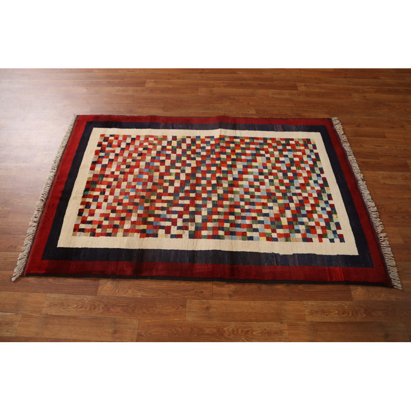 Tapis rouge en laine noué à la main de conception unique 3 pi 1 po x 4 pi 11 po New Age