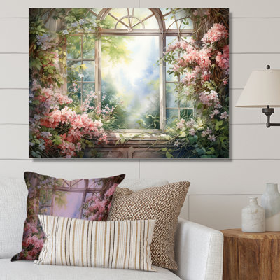 Pink Blossoming country window Gaze  II - Window Framed Canvas Print
